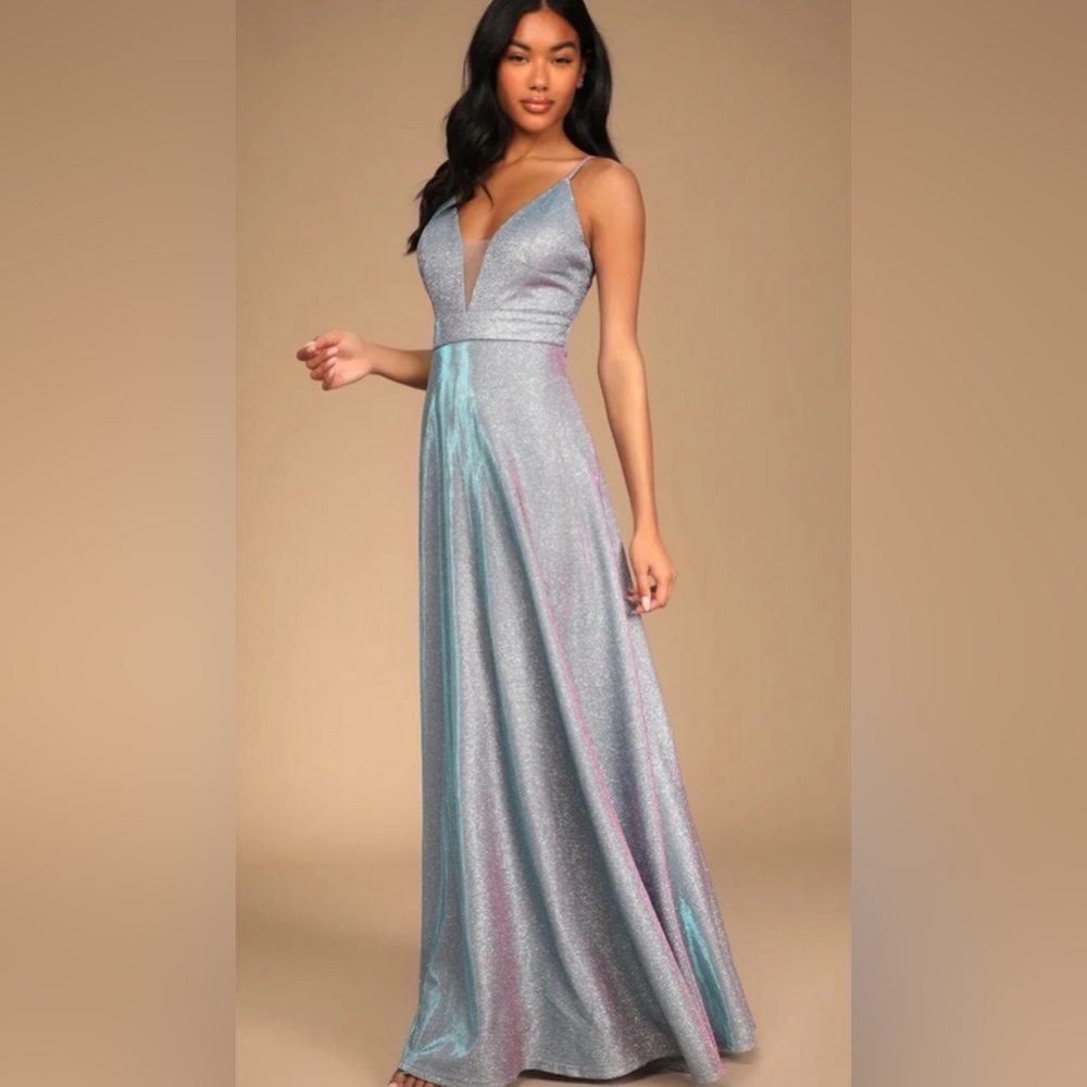 NWT Lulu’s Party Night Shiny Light Blue Iridescent Maxi Dress Gown Size M